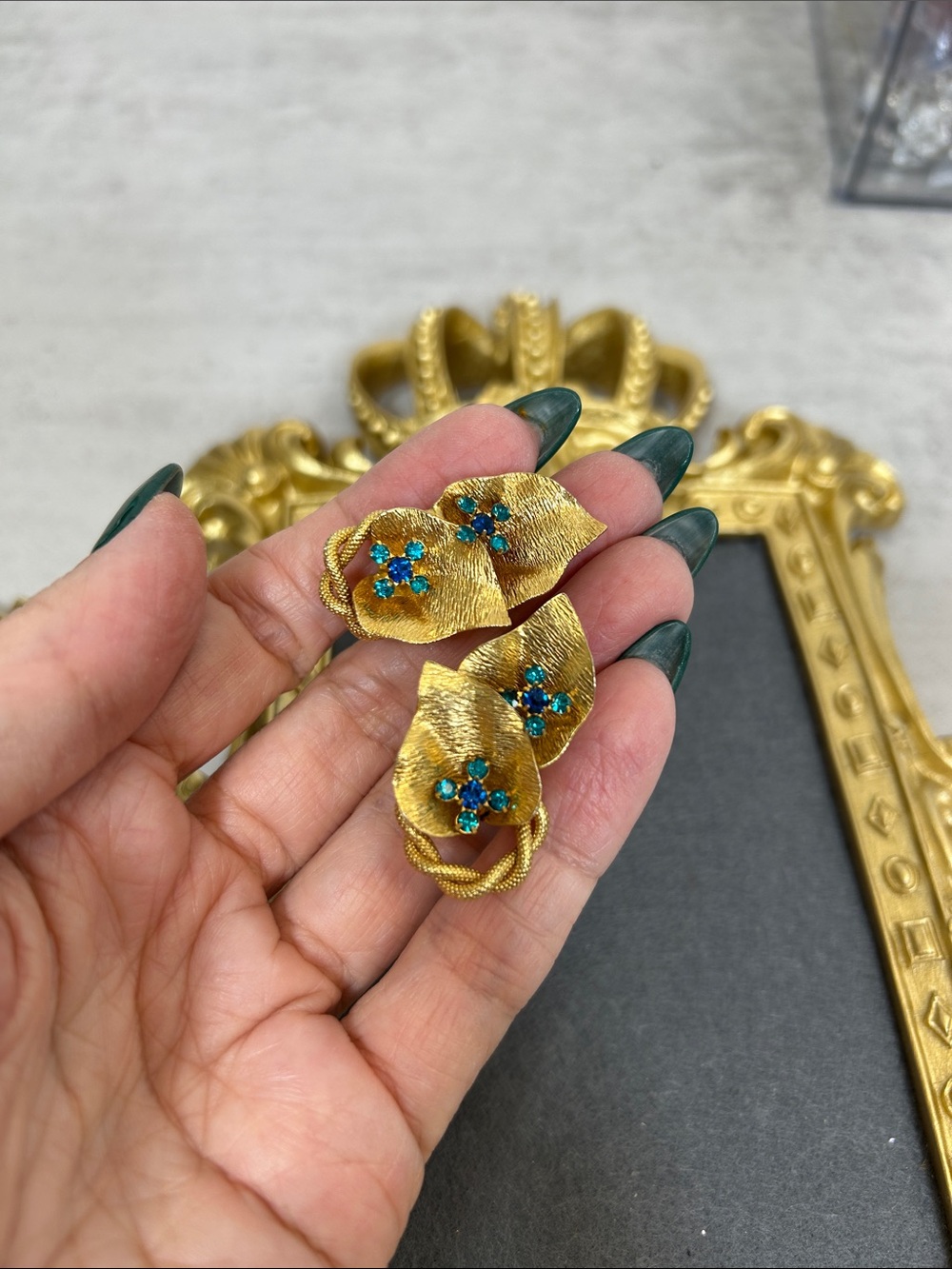 Vintage Gold Floral Leaf Clip-On Earrings with Teal Crystal Accents